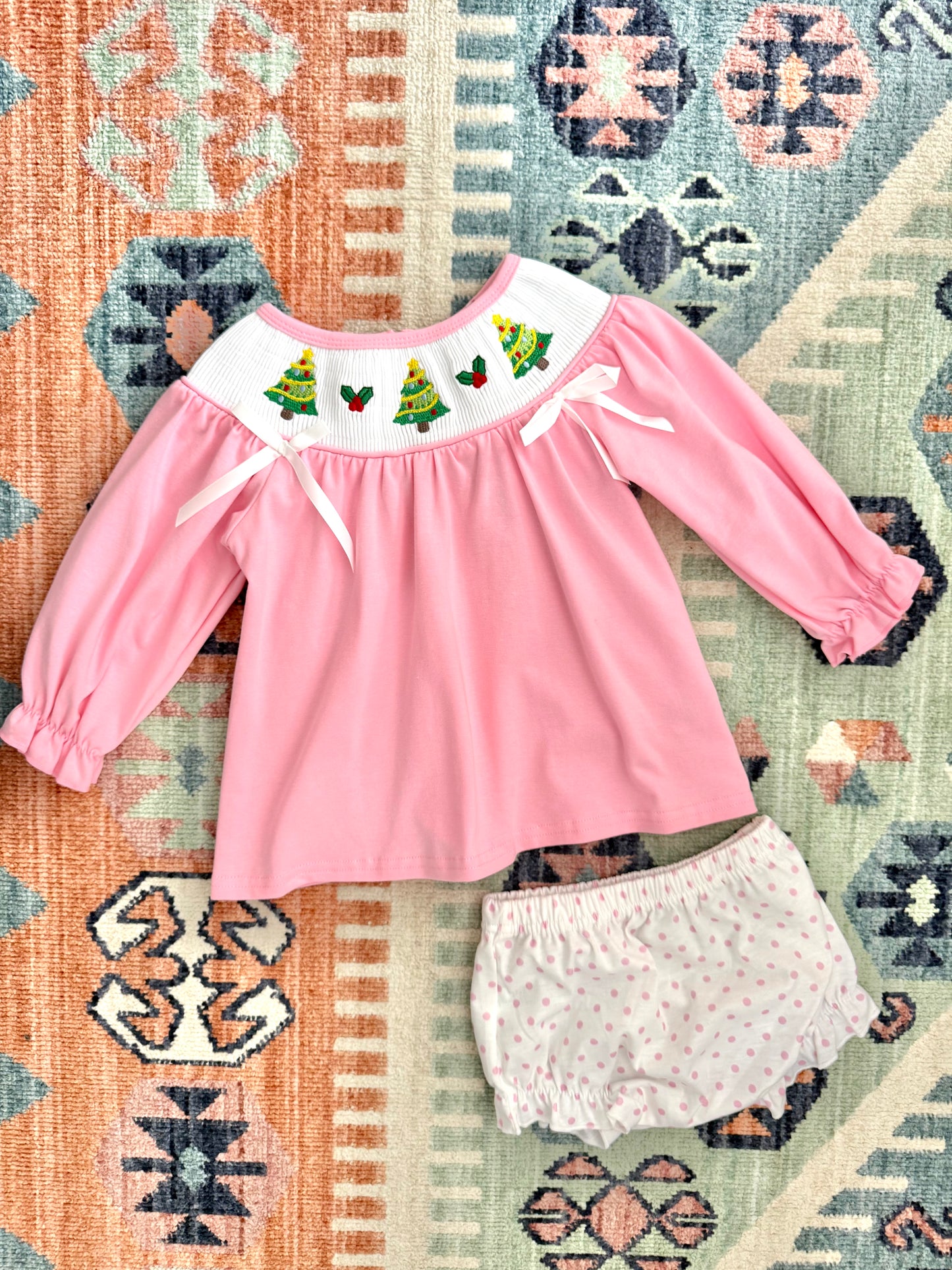 Smocked Christmas Tree Bloomer Set in Pink