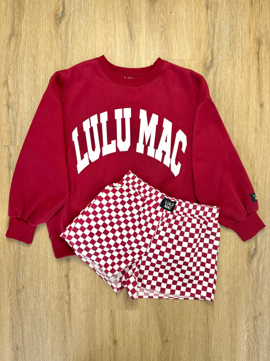 LULU MAC L Set w/ Burgundy Sweatshirt & Burgundy Check Shorts