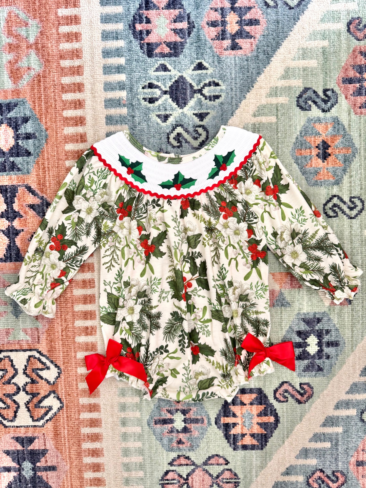 Smocked Holly Floral Print Bubble w/ Bows