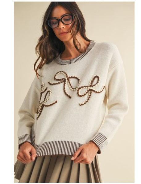 The Maggie Bow Embroidered Sweater in Cream