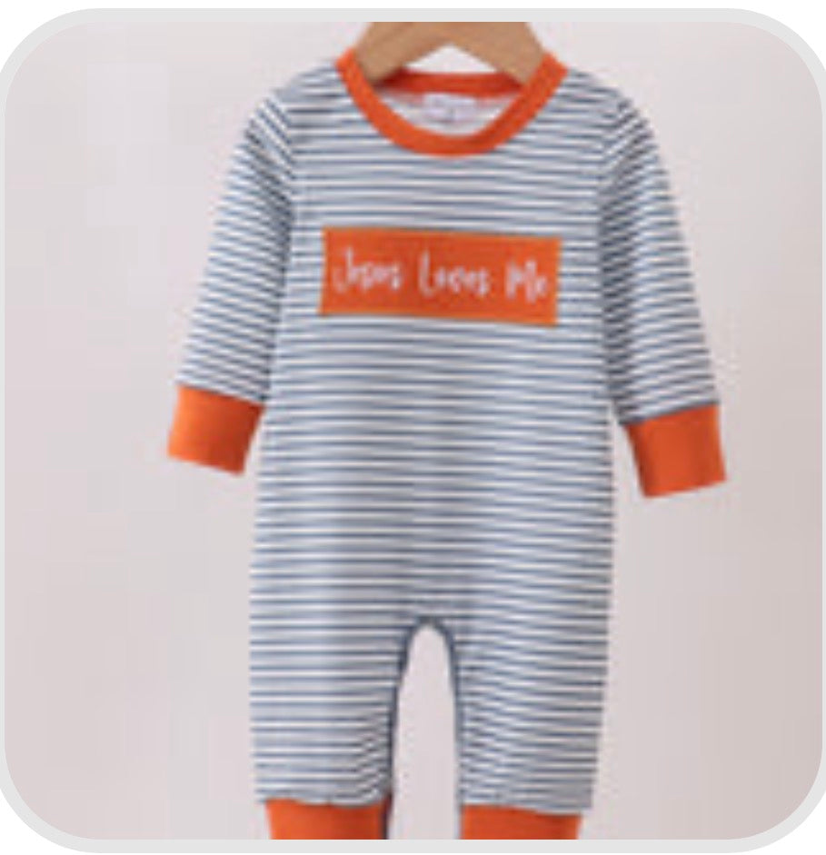 Boy’s “Jesus Loves Me” Striped Romper