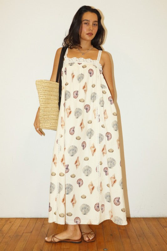 The Ocean Shell Print Maxi Dress in Cream
