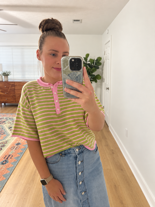 The Strawberry Matcha Striped Henley Short Sleeve Knit Top